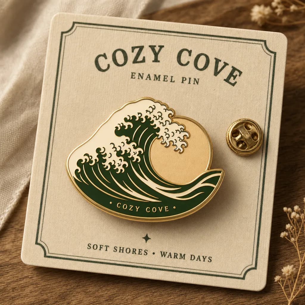 Cozy Cove wave enamel pin on branded backing card